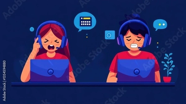 Fototapeta Frustrated Customer Service Agents Working Late