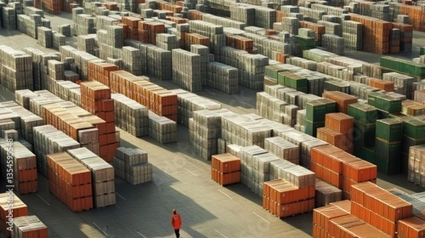 Fototapeta A vast expanse of stacked cargo containers in a shipyard