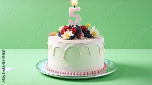 Fototapeta cake on green background, space for text, birthday greeting, five years, candle burning, berries and decoration on a cupcake