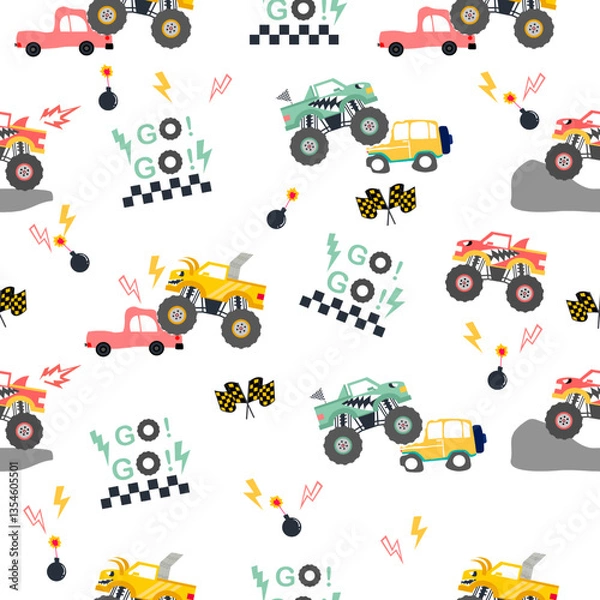 Fototapeta Monster truck  cartoon pattern design .monster truck pattern for kids clothing, printing, fabric ,cover.Monster car seamless pattern.fun pattern
