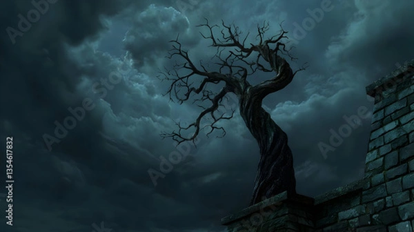 Fototapeta Twisted tree against a stormy sky, perched atop a stone wall.  Dark, dramatic scene