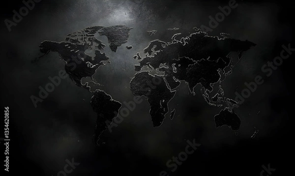 Fototapeta Dark, textured world map graphic, embossed on a grunge background; ideal for concepts of global business, travel, or international connections.