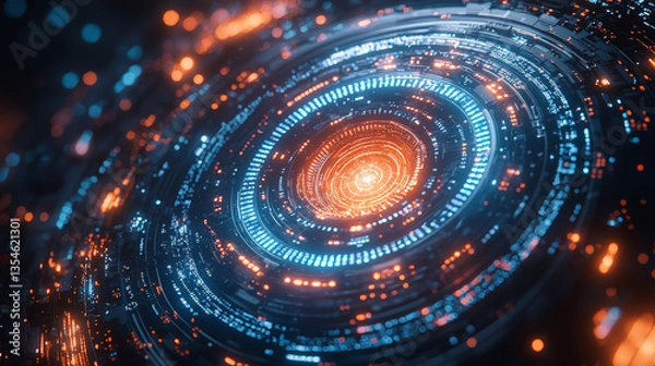 Fototapeta A visually striking circular futuristic tech background featuring glowing blue and orange lights. Generative AI