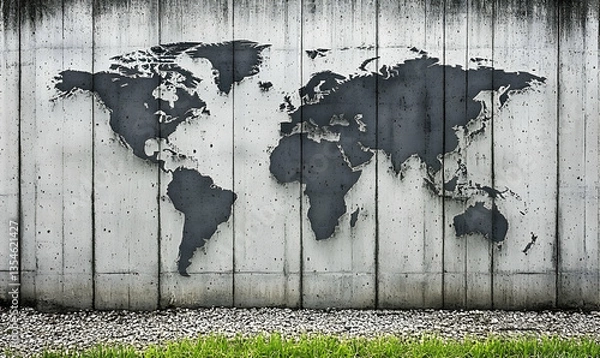 Fototapeta Concrete wall with a world map imprinted, showcasing global connectivity and travel concepts. Ideal for travel, global business, or geography-related projects.
