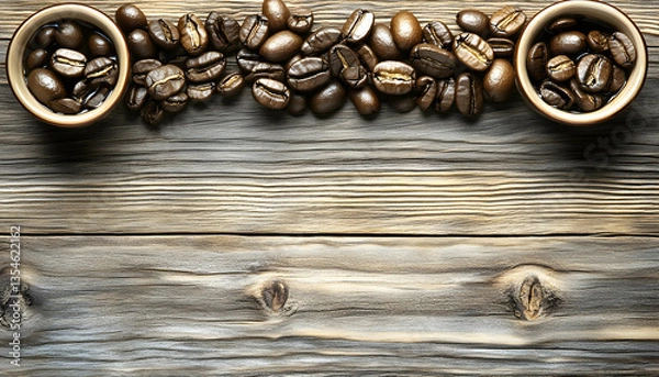Fototapeta Aromatic coffee beans arranged on rustic wooden background, with space for text or logo.  Perfect for coffee shop menus or branding.