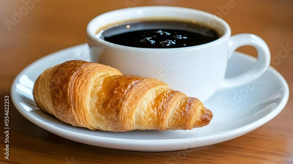 Fototapeta Delicious croissant and coffee; perfect breakfast pairing on a wooden table. Ideal for cafes, bakeries, or breakfast-themed projects.