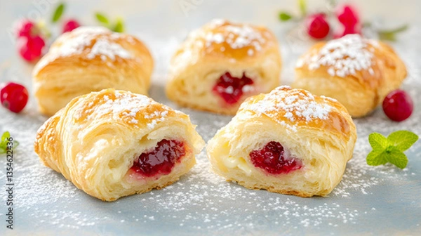 Fototapeta Delicious homemade pastries filled with sweet cherry jam, dusted with powdered sugar. Perfect for breakfast, brunch, or dessert.