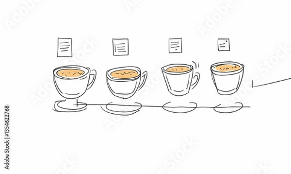 Fototapeta Hand-drawn illustration of four coffee cups on a conveyor belt, depicting a coffee production or serving process.  Simple, minimalist style.