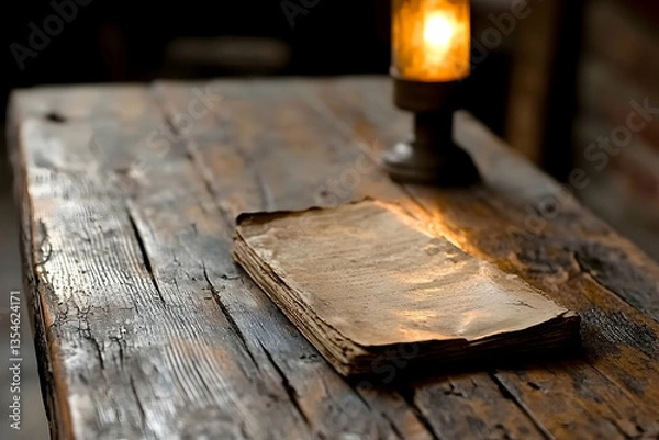 Fototapeta Antique book rests on rustic wooden table, illuminated by warm lamplight, creating a nostalgic and mysterious atmosphere.