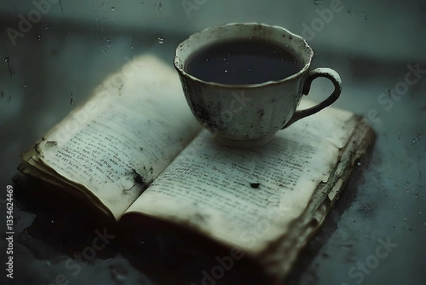Fototapeta A moody, atmospheric image of an antique book with a cup of dark tea resting on top, rain visible on a window in the background.
