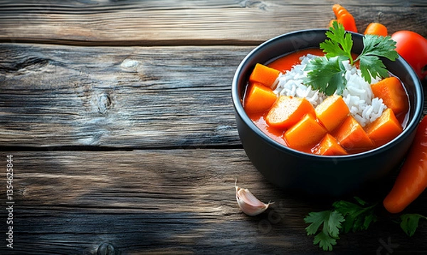 Fototapeta Delicious and vibrant carrot curry served with fluffy white rice in a rustic black bowl, garnished with fresh cilantro.
