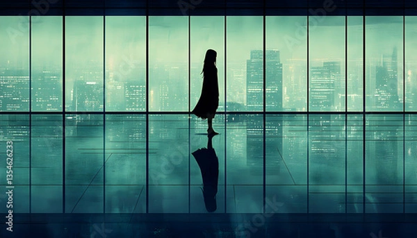 Fototapeta Solitary figure silhouetted against a panoramic cityscape viewed through large windows of a modern building, evoking contemplation and urban solitude.