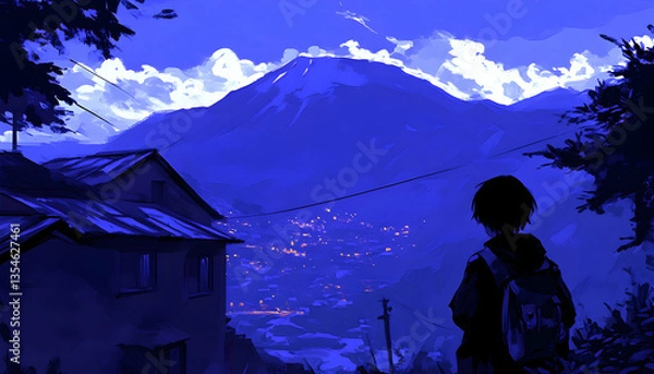 Fototapeta Serene twilight scene a lone figure gazes upon a distant village nestled in a valley, mountains rising majestically under a vibrant blue sky.