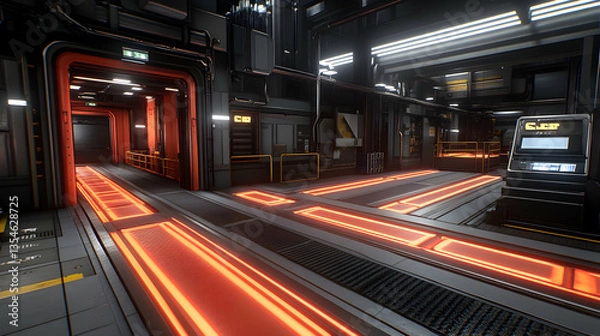 Fototapeta Futuristic spaceship corridor interior, glowing orange floor lines, metallic walls, and technological details. Perfect for sci-fi, game design, or futuristic backgrounds.