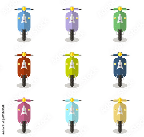Fototapeta Set of multicolored scooters, mopeds, frontal view, flat vector illustration on white background