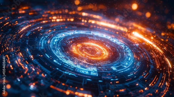 Fototapeta A visually striking circular futuristic tech background featuring glowing blue and orange lights. Generative AI