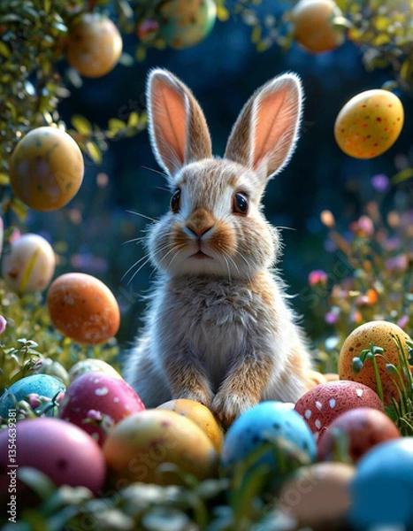 Fototapeta Cute realistic Easter rabbit with eggs at festive night