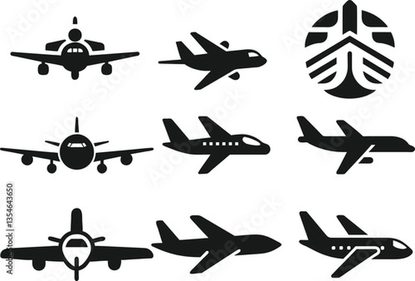 Fototapeta A set of simple, black silhouette airplane icons in various views (front, side, top).