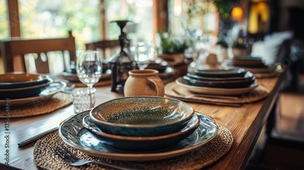 Fototapeta A beautifully set table featuring a collection of handmade ceramic dinnerware, with natural light softly illuminating each unique piece.