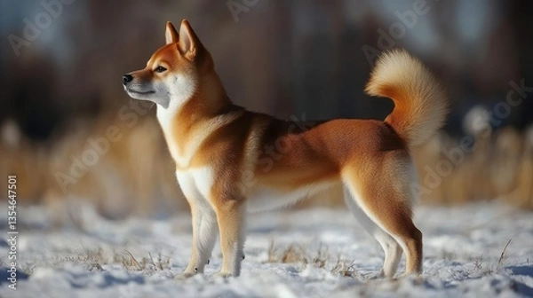 Fototapeta Red Shiba Inu in snowy park.  Possible use stock photo