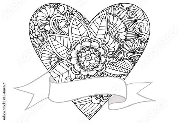 Obraz Vector doodle drawing of heart and ribbon.Can use for invitation or celebration card and coloring book too