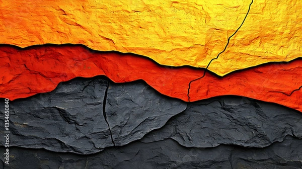 Fototapeta Abstract layered rock formations in vibrant colors.  Textured layers of orange, red, and dark gray rock, suggestive of geological strata or a stylized landscape.  