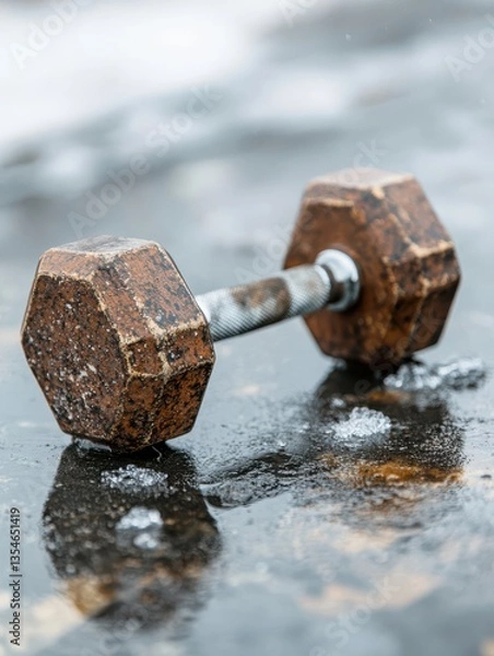 Fototapeta Rusty Dumbbell On Wet Surface Hexagonal Weight, Silver Handle, Overcast Reflection, Ice Water, Showing Weathered Weight In Outdoor Workout Context