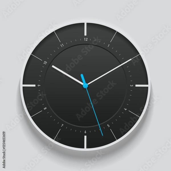 Fototapeta Creative black clock in realistic flat style, with color arrow and numbers. Watch on white background. Business time. Vector design element for you project