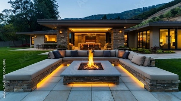 Fototapeta Minimalist outdoor garden house with a pergola-covered lounge and a modern fire pit.
