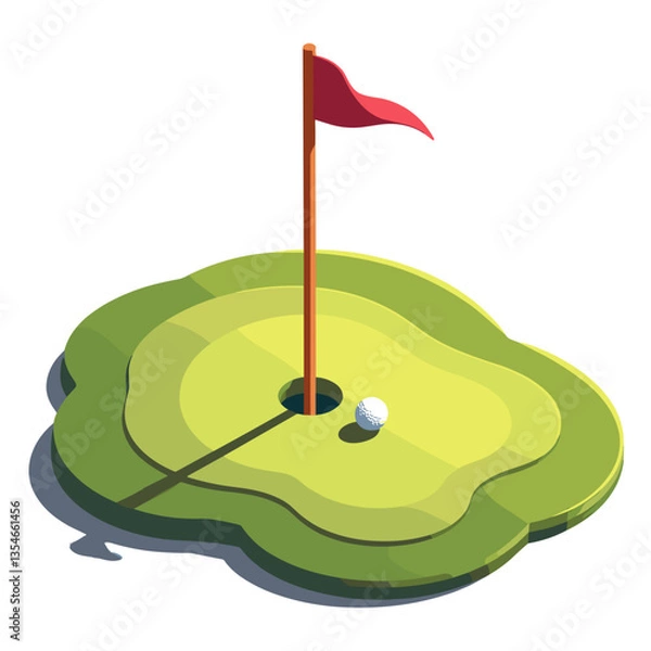 Fototapeta Isometric view of a golf hole with a flag and a ball on a green surface