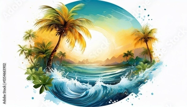 Fototapeta beautiful palms banner with palm trees and ocean waves and water splashes; exotic travel to tropics template