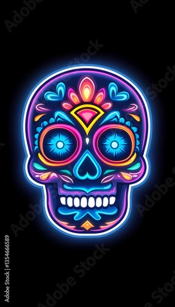 Obraz Neon sugar skull with vibrant colors and intricate details on a black background