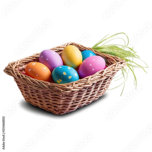 Fototapeta Easter eggs in wicker basket with green grass