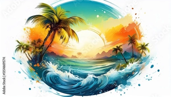 Fototapeta  beautiful palms banner with palm trees and ocean waves and water splashes; exotic travel to tropics template