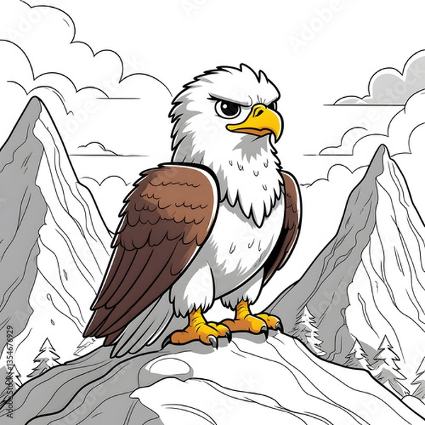Obraz Perfect for anyone who loves kawaii animals, mountain scenery, and easy-to-color illustrations, this eagle coloring page is a fun and engaging way to explore creativity!