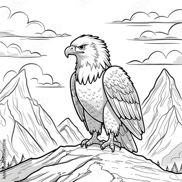 Obraz Perfect for anyone who loves kawaii animals, mountain scenery, and easy-to-color illustrations, this eagle coloring page is a fun and engaging way to explore creativity!