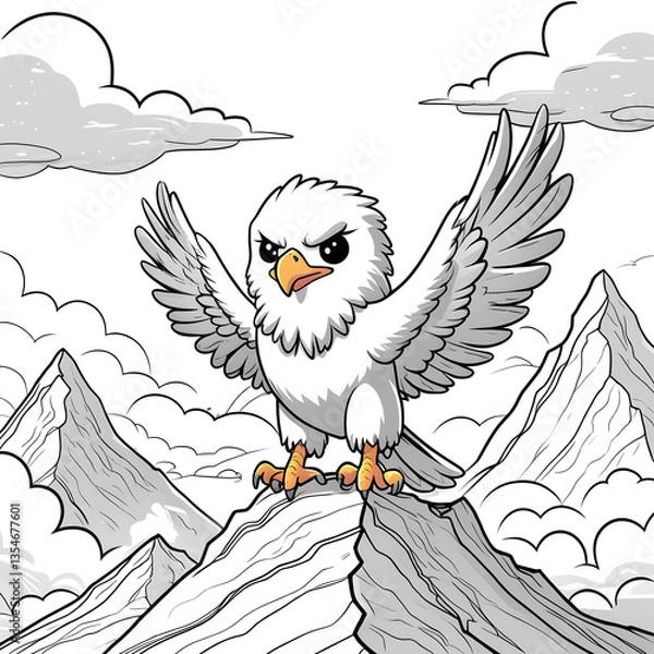 Obraz Perfect for anyone who loves kawaii animals, mountain scenery, and easy-to-color illustrations, this eagle coloring page is a fun and engaging way to explore creativity!