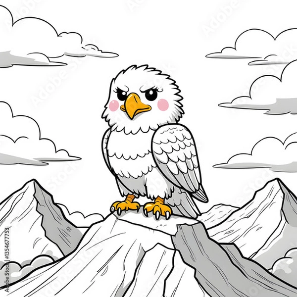 Obraz Perfect for anyone who loves kawaii animals, mountain scenery, and easy-to-color illustrations, this eagle coloring page is a fun and engaging way to explore creativity!