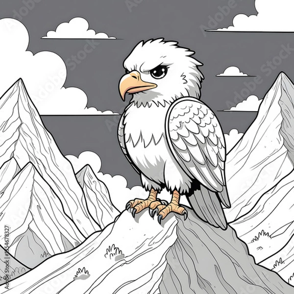 Obraz Perfect for anyone who loves kawaii animals, mountain scenery, and easy-to-color illustrations, this eagle coloring page is a fun and engaging way to explore creativity!