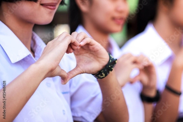 Fototapeta Young happy girls showing heart sign with their hands.