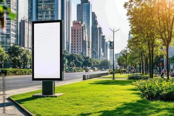 Fototapeta Detailed Visual  of Blank Vertical Street Billboard Poster on Green Grass in the City Road