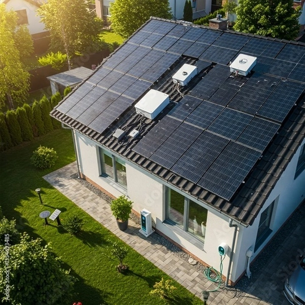 Obraz Solar Panels on Rooftop Generating Clean Energy