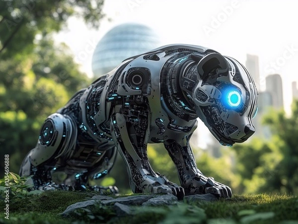 Fototapeta Futuristic robotic dog in a natural park setting, built with matte silver and black armor plating.