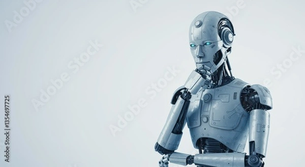 Fototapeta Futuristic robot in a thoughtful pose, symbolizing artificial intelligence, deep thinking, and advanced digital consciousness in a tech world