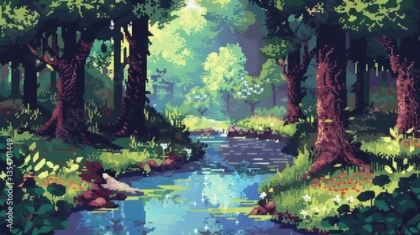 Obraz Visualize a pixelated forest, where every tree and leaf is made of tiny, colorful squares. 