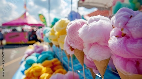 Obraz Visualize a scene from a carnival, where a vendor sells freshly made cotton candy. The vendor spins the fluffy, colorful treat onto paper cones, handing them to eager customers.