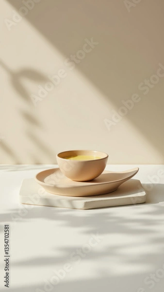 Fototapeta Bowl of Beef Tallow with a spoon on top, sitting on white surface with sunlight filtering through.