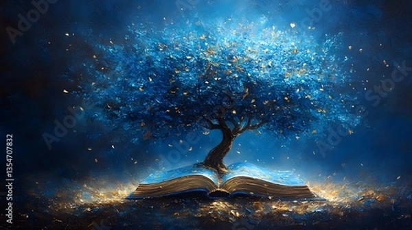 Fototapeta Vivid Artistic Depiction of a Book Growing into a Tree with Leafy Flourishes on a Dynamic Abstract Blue Field in Honor of Poetic Traditions