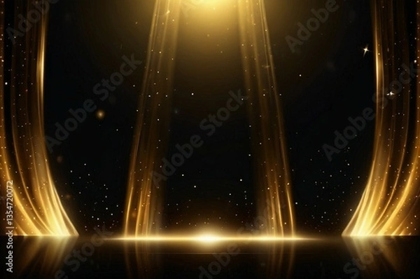 Obraz A luxurious event stage with multiple golden spotlights beaming down onto a polished wooden floor and black background