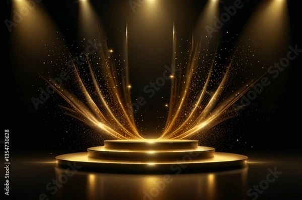 Fototapeta A luxurious event stage with multiple golden spotlights beaming down onto a polished wooden floor and black background